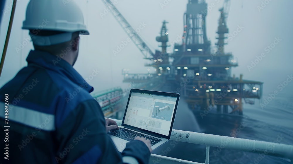 Worker using a laptop near an offshore platform
